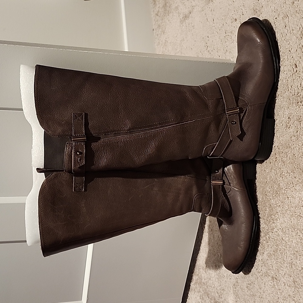Naturalizer Boots Womens 8.5 W Knee High Gray Brown Leather Zippers Wide Riding